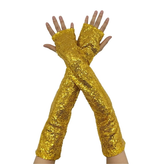 JFGHDG Arm Warmer Stretchy Elbow Length Gloves Long Sequins Mesh Sheer Gloves Fashion Sequin Glitter Gloves Elegant Opera Lace Gloves Long Sparkly Decorative Gloves Gold One Size