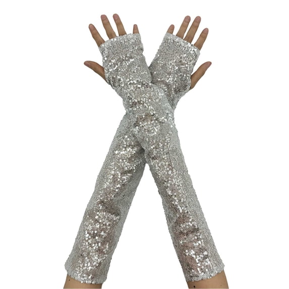 JFGHDG Arm Warmers Sparkly Gloves for Formal Occasions Fashion Sequin Glitter Gloves Sparkly Elbow Length Arm Sleeves Lace Elbow Length Sparkly Mesh Gloves Gray One Size