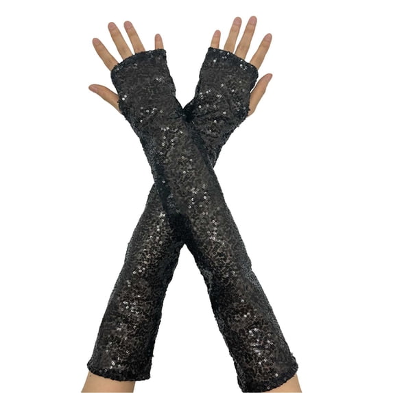 JFGHDG Arm Warmers Women Elbow Length Sheer Sleeves Accessories for Wedding and Party Activities Long Sequins Mesh Sheer Gloves for Glitter Rave Party Opera Gloves for Women Black One Size