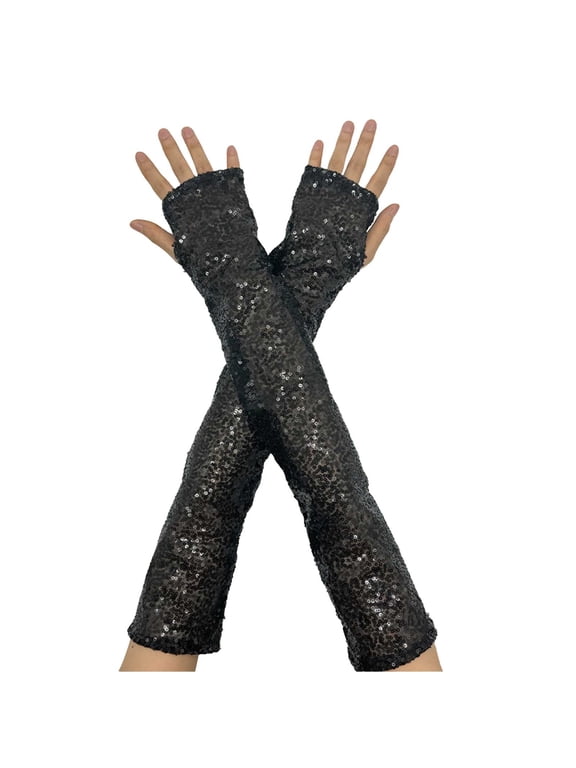 Arm Warmers Women Elbow Length Sheer Sleeves Accessories for Wedding and Party Activities Long Sequins Mesh Sheer Gloves for Glitter Rave Party Opera Gloves for Women Black One Size