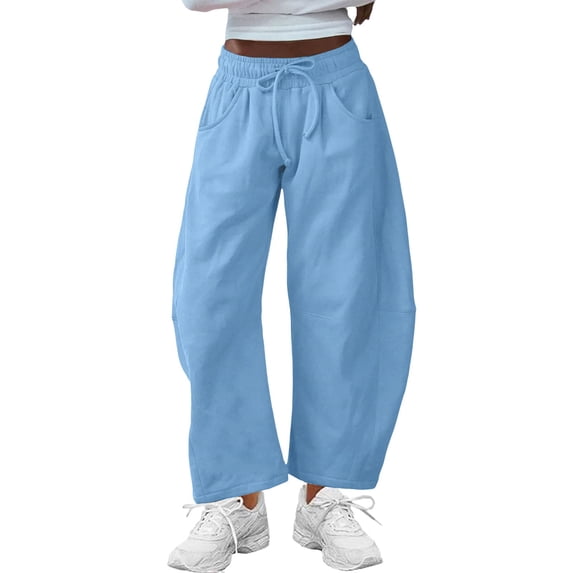 JFGHDG Barrel Sweatpants Women Casual Drawstring Elastic Waist Wide Leg Sweatpant Lounge Baggy Pants with Pockets Light Blue 2XL