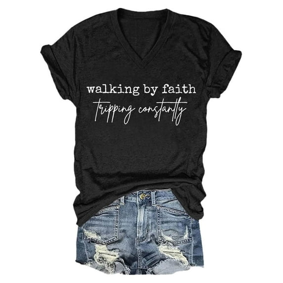 JFGHDG Basic Tee Short Sleeve Tops Oversized T Shirts crop tops for women graphic tees Women's Walking By Tripping Constantly Print T Shirt Casual V Neck T Shirt Black L