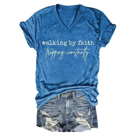 JFGHDG Basic Tee Short Sleeve Tops Oversized T Shirts workout shirts women graphic tees Women's Walking By Tripping Constantly Print T Shirt Casual V Neck T Shirt Blue XL