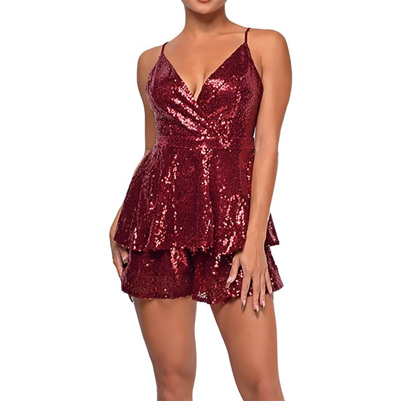 JFGHDG Beach Jumpsuits for Women Rhinestone Jumpsuit Evening Jumpsuits for Women Glittery Pants V Neck Jumpsuits for Women Sparkly Jumpsuit Bell Bottom Jumpsuit for Women Wine 2xl