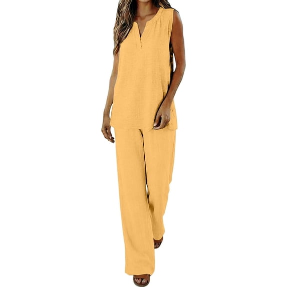 JFGHDG Beach Matching Set Women Linen Sets for Women 2 Piece Casual Button Sleeveless Tops with Wide Leg Pants Blouses Summer Vacation Travel Outfit 2026 Yellow L
