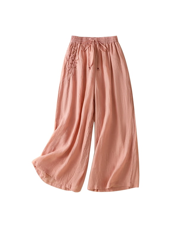 Boho Embroidered Pants for Women Cotton Linen Wide Leg Flowy Palazzo Pants Beach Vacation Lounge Casual Trousers with Pockets Orange L