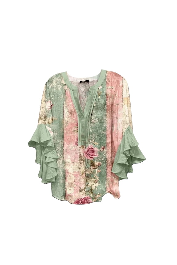 Boho Tops for Women 3/4 Length Sleeve Summer V Neck Bohemian Peasant Blouses Flowy Tunic Tops for Women Loose Fit Dressy Beach Fashion Outfits Camouflage XXL