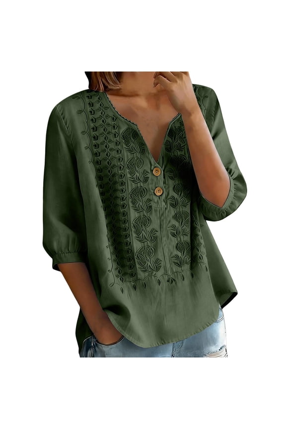Boho Tops for Women Dressy Casual V Neck 3/4 Sleeve Trendy Shirts Spring Outfits Vacation Clothes Green M