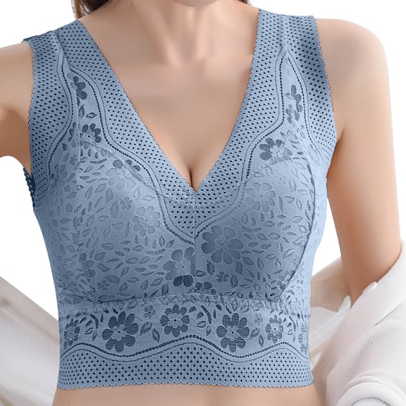JFGHDG Bras for Women Sports Bras Breathable Daisy Lace Seamless Bra Push Up Full Coverage Wireless Bra Back Smoothing Anti-sagging Posture Push Up Bra A1_blue M