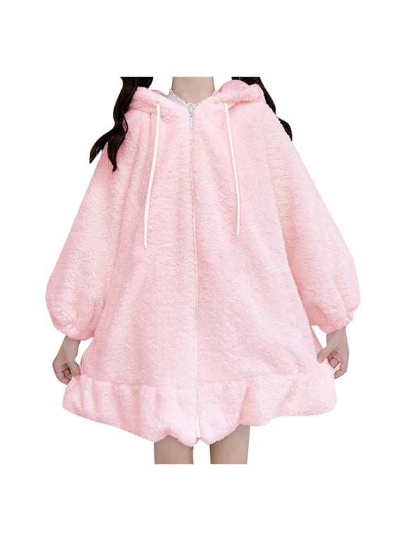 Bunny Ear Hoodie Fuzzy Rabbit Sweatshirt Jacket Warm Plush Sweatshirt Long Sleeve Winter Coat Pink XL