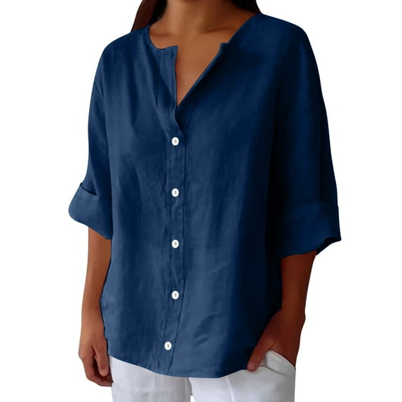 JFGHDG Button Down Shirts short sleeve button up women shirts for women oversized shirts for women long sleeve shirt Linen Shirts For Cotton Linen V Neck 3/4 Sleeve Tops Blouses Tunic Tops Blue M