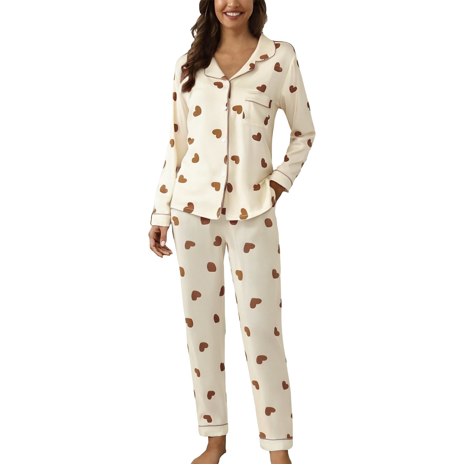 JFGHDG Button Up Pajama Set For Women Long Sleeve Shirt And Pajama ...