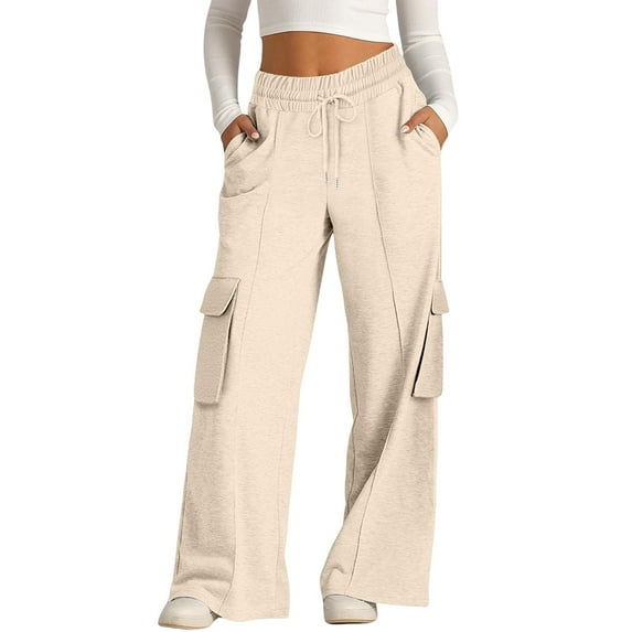 JFGHDG Cargo Sweatpants for Women Pants with Pockets Lightweight Summer Pants Clothes for Women Pull On Pants Baggy Wide Leg Straight Leg Sweatpants Trousers for Women A7_beige L