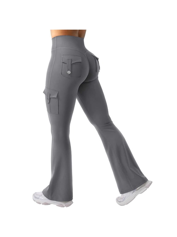 Cargo Yoga Flare Bootcut Leggings for Women High Waisted Tummy Control Multi Side Cargo Flap Pockets Soft Stretch Gym Fitness Daily Athletic Pants Gray S