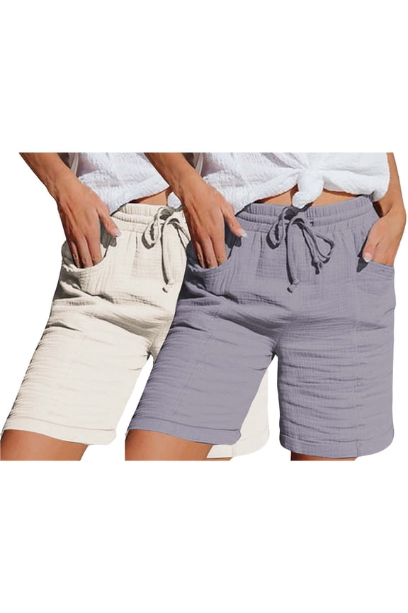 Casual Loose Cotton Linen Gauze Bermuda Shorts Women Drawstring Elastic High Waist Lightweight Summer Beach Shorts with Pockets Blue L
