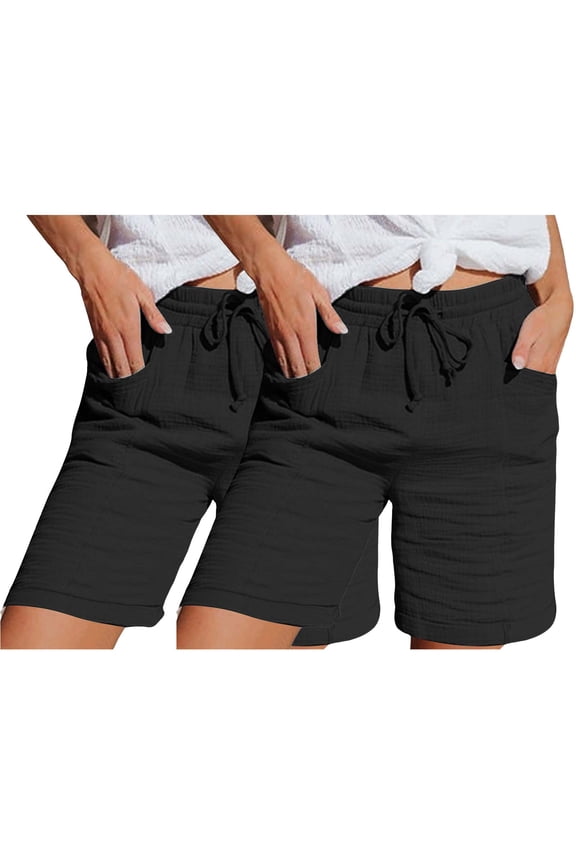 Casual Loose Cotton Linen Gauze Bermuda Shorts Women Drawstring Elastic High Waist Lightweight Summer Beach Shorts with Pockets Yellow L