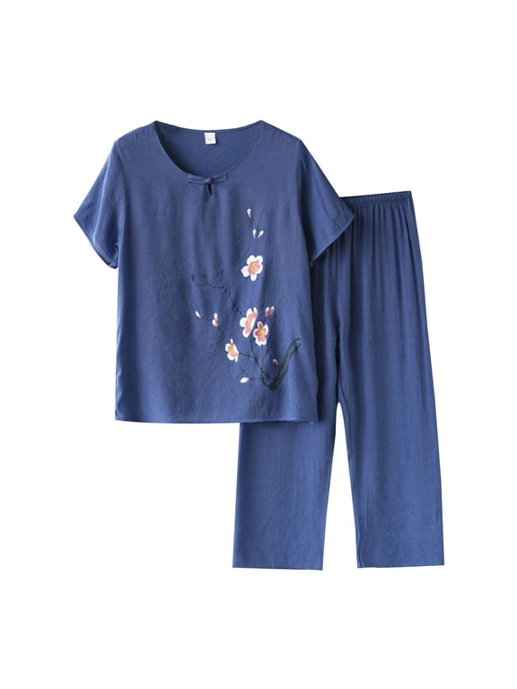 Casual Lounge Sets for Women Cotton Linen Summer Outfits 2 Piece Pajamas Floral Short Sleeve Tops and Wide Leg Pants Blue XL
