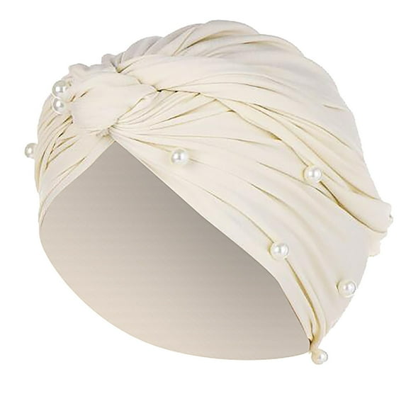 JFGHDG Chemo Headwear for Women,Sweat Headbands for Women,Knotted Headband for Women,Turbans for Women,Bandanas for Women,Muslim Ruffle Beading Hat Turban Cap Pearl Women Wrap Caps Beige One Size