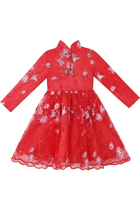 Chinese Traditional Dress Embroidery Tang Suit Dress for Chinese New Year Children Fairy Hanfu Embroidered Chinese Knot Tulle Dress Red Chinese Dress Baby Chinese New Year Outfit A4 Red 130