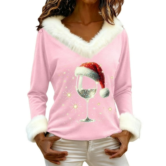 JFGHDG Christmas Sweatshirt for Women Faux Fur Trim V Neck Sweatshirts Sweatshirt Women Womens Blouses Womens Graphic T Shirts Casual Tops for Women Christmas Sweatshirts Pink XL
