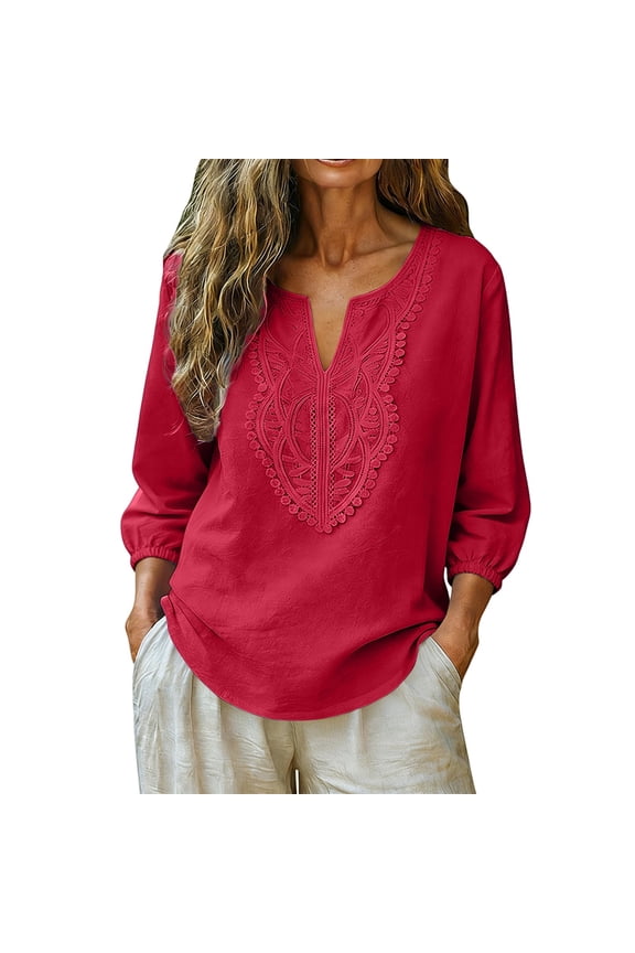 Cotton Blouses for Women Peasant Blouses for Women Button Down Shirts Basic Tee Shirt Womens 3/4 Sleeve Tops 3/4 Roll-up Sleeve 3/4 Roll Up V Neck Sleeve Womens Summer Linen Shirts Z1 Red 3XL