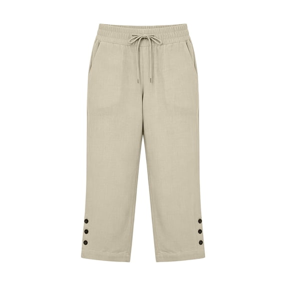 JFGHDG Cotton Linen Capri Pants for Women Tailored Split Button Elastic Drawstring Waist Straight Leg Capris Light Weight Summer Casual with Side Pockets Beige L