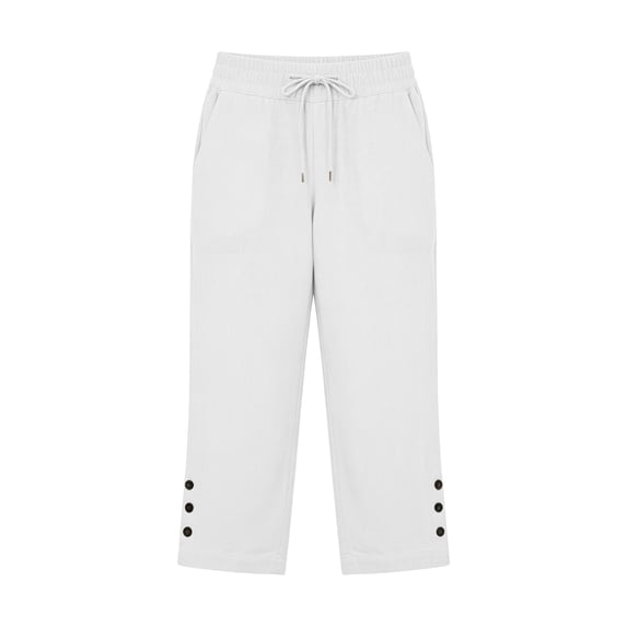 JFGHDG Cotton Linen Capri Pants for Women Straight Leg Split Button Elastic Drawstring Waist Summer Cropped Pants with Pockets White S