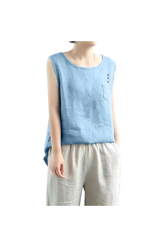 Cotton Tank Top Women Cotton Linen Shirts Tunic Tee Loose Fit Sleeveless Shirt Sleeveless Crewneck Cropped Tank Tops Round Neck Cotton Linen Blue XL