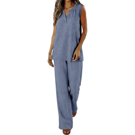 JFGHDG Cruise Linen Sets and Matching Outfits Women Linen Sets for Women 2 Piece 2026 Summer Casual Lounge Sets Short Sleeve Shirts and Wide Leg Pants Beach Outfits Blue XL
