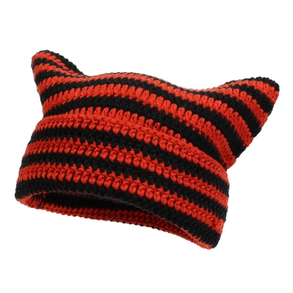 JFGHDG Cute Cat Ear Hat Knitted Striped Crochet Beanie Y2k Grunge Emo Accessories Red One Size