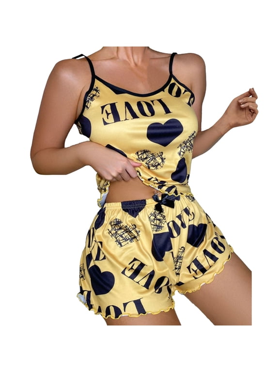 Cute Heart Print Pajamas for Women Set Spaghetti Strap Top & Elastic Shorts Yellow S