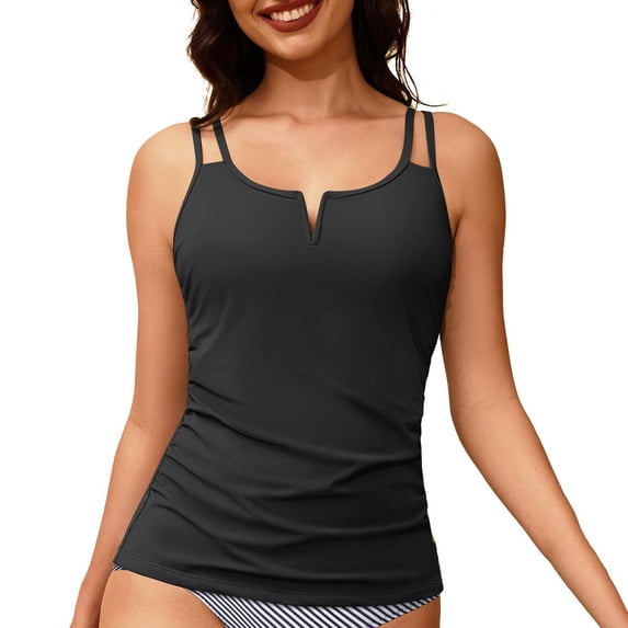JFGHDG Double Thin Strap Notch V Neck Tankini Top Only for Women V Neck Tummy Control Swimsuit Ruched Bathing Suit No Bottom Black L