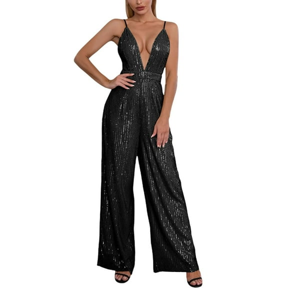 JFGHDG Evening Jumpsuits for Women Bell Bottom Jumpsuit for Women Sequin Romper for Women Party Night Tall Jumpsuits for Women Long Party Rompers for Women Sequin Jumpsuits for Women Black M