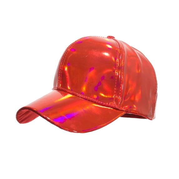 JFGHDG Festival Party Baseball Hat Shiny Holographic Iridescent Patent Leather Texture Adjustable Back Closure Fashion Statement Cap For Stage Events Red One Size