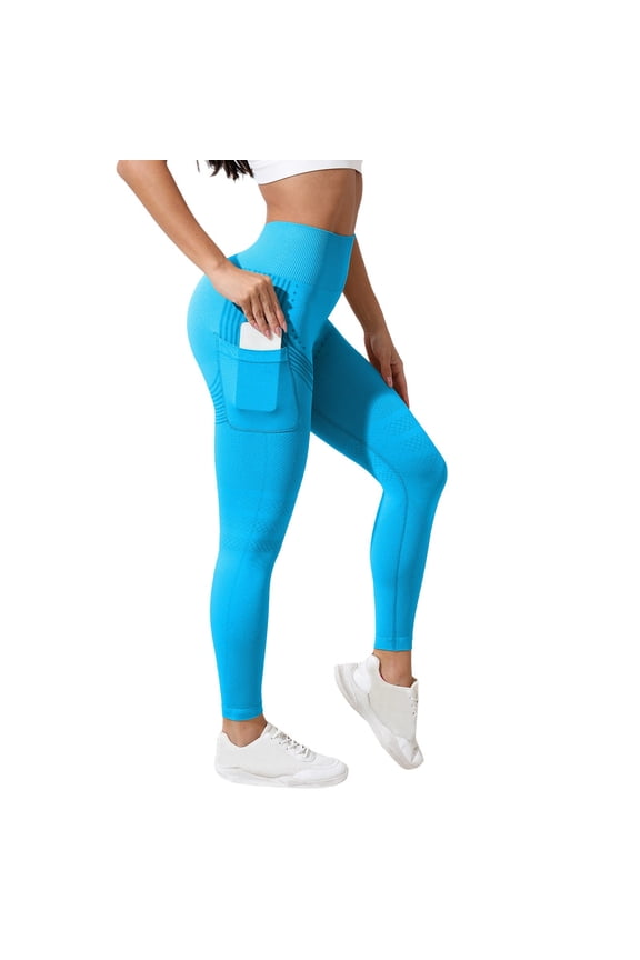 High Waisted Hip Lifting Yoga Elastic Quick Drying Textured Seamless Scrunch Butt Lifting Tummy Control Leggings Sky Blue XL