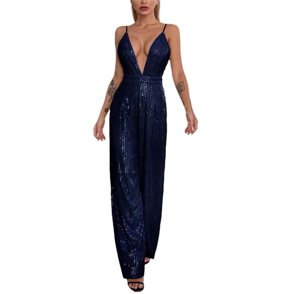 JFGHDG Holiday Party Jumpsuit for Women Evening Jumpsuits for Women Tall Jumpsuits for Women Long Sparkly Romper Party Rompers for Women Sparkly Jumpsuit Bell Bottom Jumpsuit for Women Dark Blue M