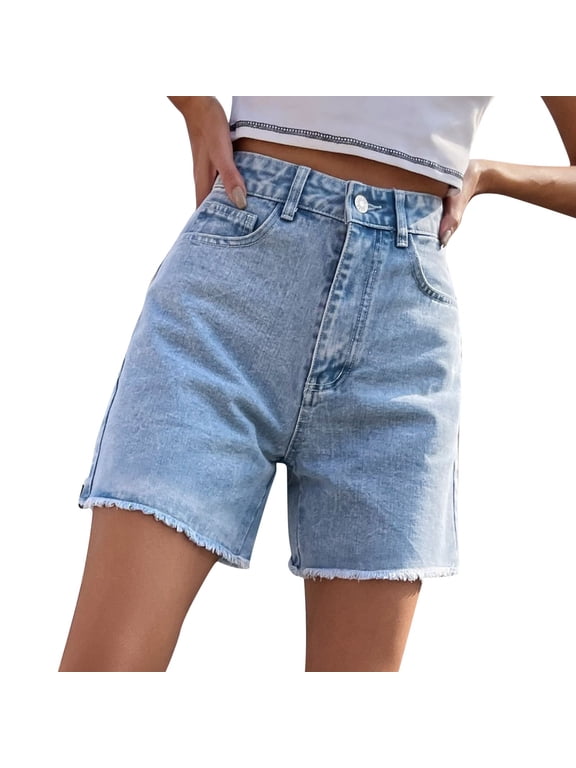 Jean Shorts for Women High Waisted Stretchy Casual Denim Shorts Ripped Frayed Hem Summer Trendy Jorts Light Blue L