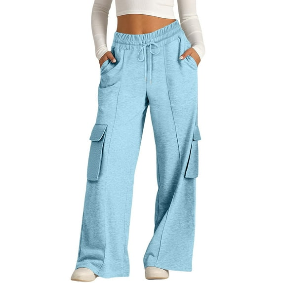 JFGHDG Joggers for Women Elastic Waist Wide Leg Dress Yoga Pants Women Plus Size High Waist Trousers with Pockets Stretch Dress Pants Flowy Pants Wide Leg Sweats A7_light Blue Xl