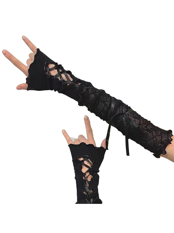 Lace‑Up Fingerless Arm Warmers, Ruffle Trim Ribbed Knit Crisscross Ribbon Wrist Cuffs for Lolita Sweet Girl Dress Accessory Black One Size