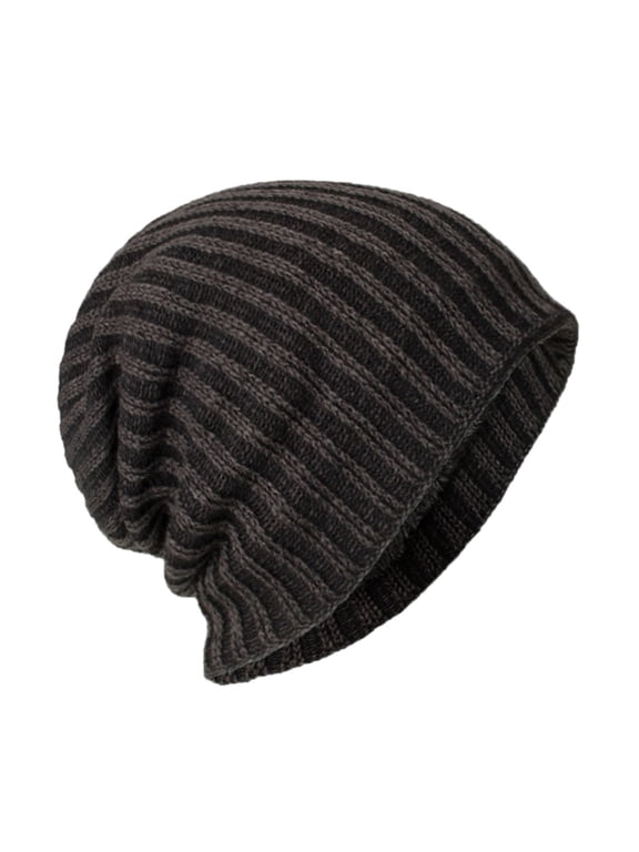 Lined Men Beanie Slouchy Knit Skull Cap Warm Stocking Hats Guys Women Striped Winter Beanie Hat Black One Size