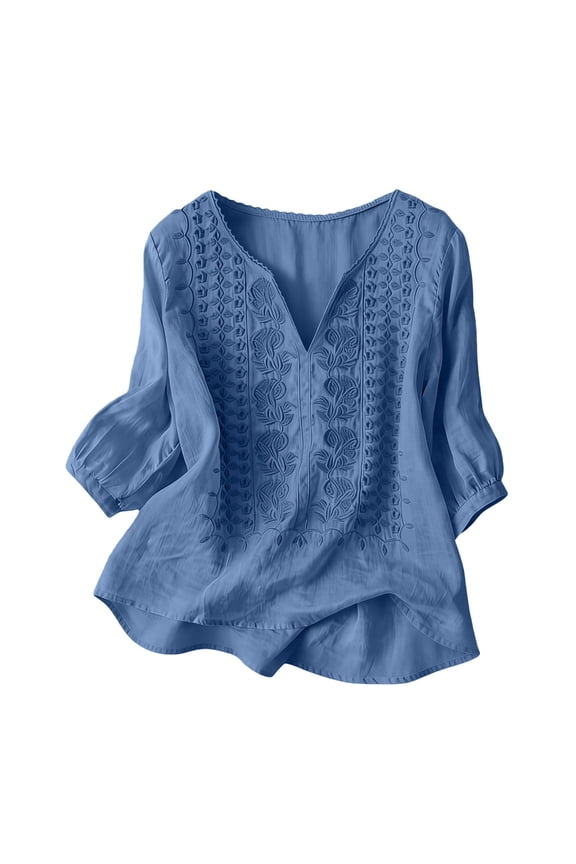 Linen Button Down Shirt Women V Neck Embroidered Shirt Retro Embroidered 3/4 Sleeve Boho Tops Boho Ethnic Style Peasant Tee Womens Linen Tops Blackish Green 2XL