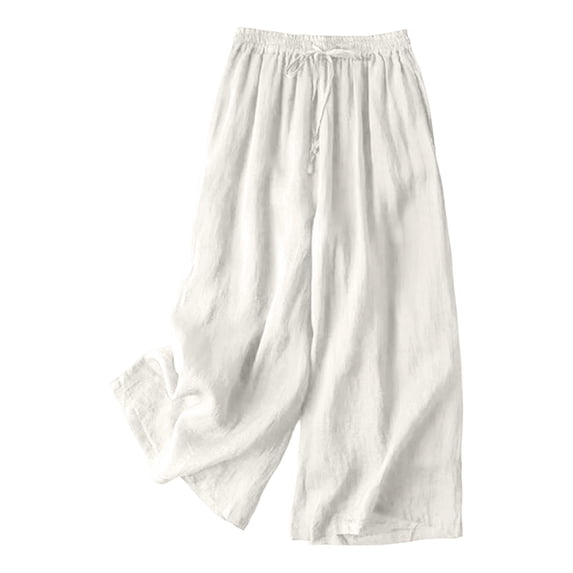 JFGHDG Linen Pants Women Wide Leg Palazzo Summer Flowy Drawstring Elastic Waist Lightweight Beach Vacation Casual Trousers with Pockets White 3XL