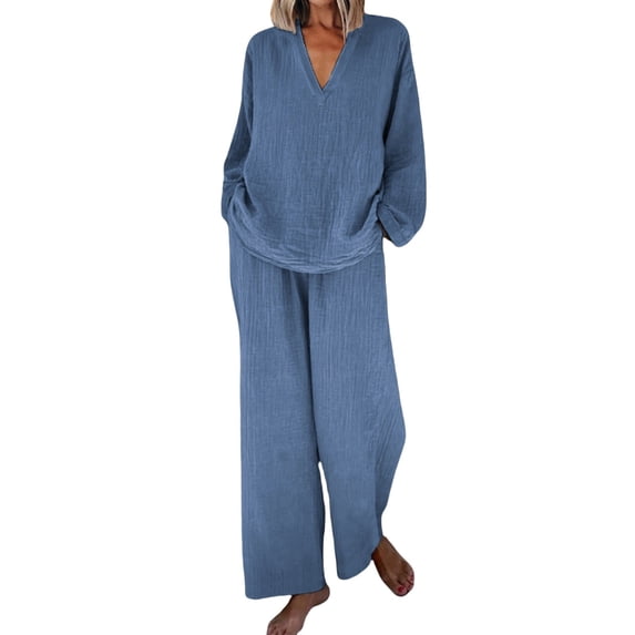JFGHDG Linen Sets for Women Beach Travel Sets Matching Lounge Set Linen Pant Set Linen Lounge Sets for Women Cotton Linen Sets for Women 2 Piece Travel Sets Matching Sets 2026 Resort Wear Blue S