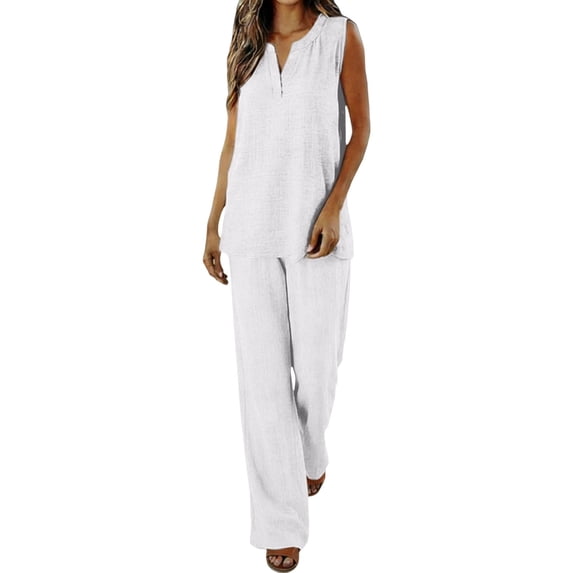 JFGHDG Linen Sets for Women Vest and Pants Set Women Pants Set Summer Jumpsuit Two Piece Vacation Sets for Women Linen Pants Set Beach Travel Sets Wide Leg Capri Pants Wide Leg Pants White XL