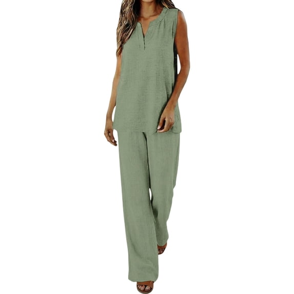 JFGHDG Linen Sets for Women Vest and Pants Set Women Pants Set for Women Crop Top Beach Travel Sets Linen Clothing for Women Travel Clothes for Women Summer Jumpsuit Flowy Pants for Women Green S