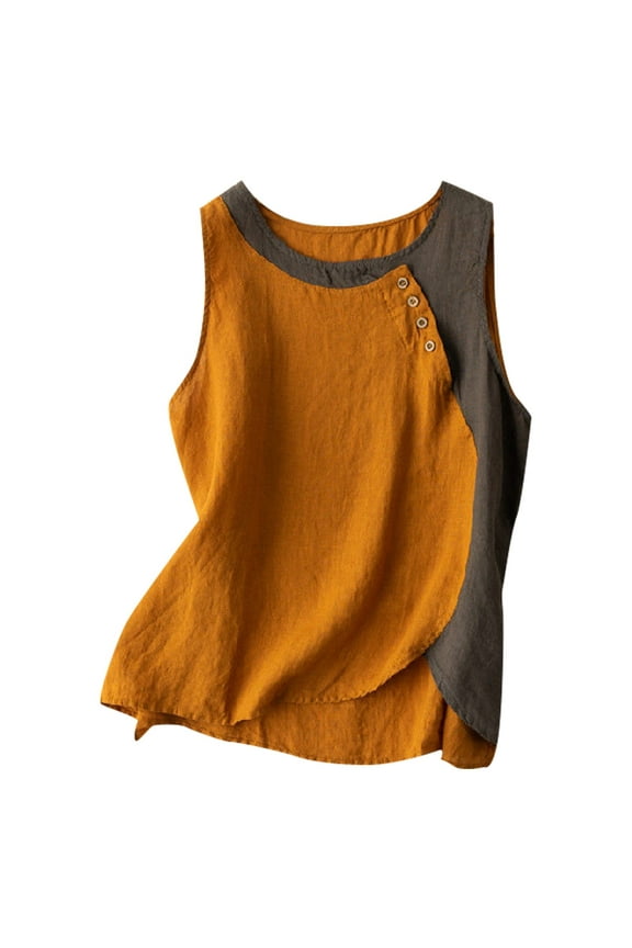 Linen Tank Tops for Women Round Neck Cotton Linen Tank Tops Casual Shirts Going Out Tops Outfits Flowy Swing Tee Cotton and Linen Camisole Tshirts Orange M