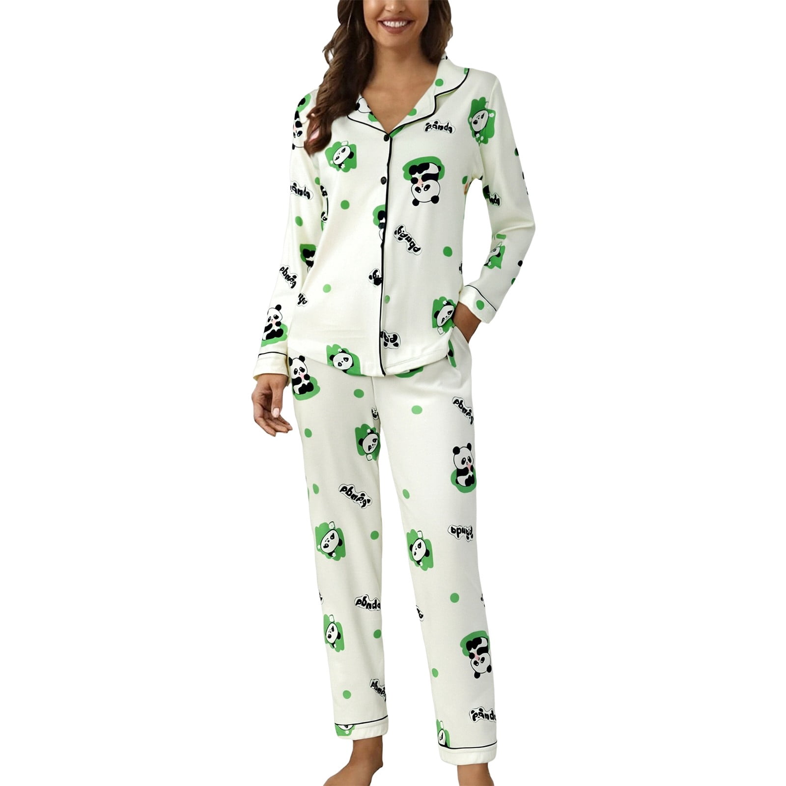 JFGHDG Long Sleeve Button Up Matching Pajamas 2 Piece PJs Set for Women ...