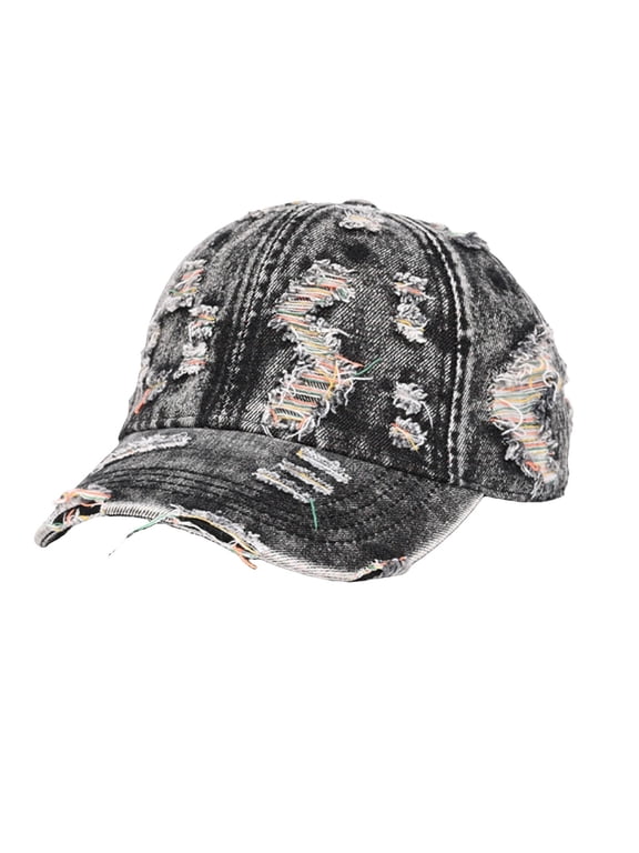 Men Women Vintage Washed Ripped Denim Cap, Distressed Hole Destroyed Baseball Hat, Adjustable Curved Brim Casual Outdoor Hat Black One Size