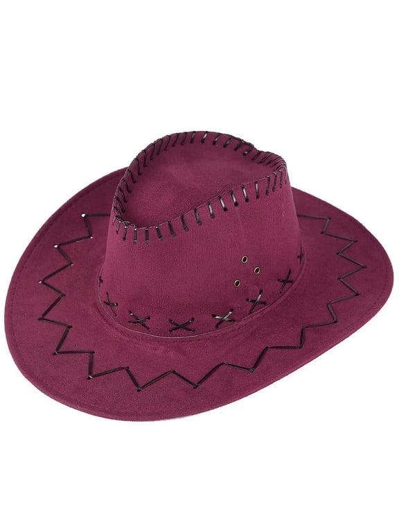 Men Women Vintage Western Cowboy Hat, Stitched Wide Brim Suede Costume Hat, Windproof Chin Strap Outdoor Sun Hat Wine One Size