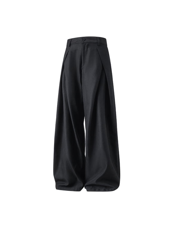 Men's Baggy Wide Leg Pleated Office Slacks Loose Relaxed Fit Lightweight Business Daily Casual Long Trousers Black L